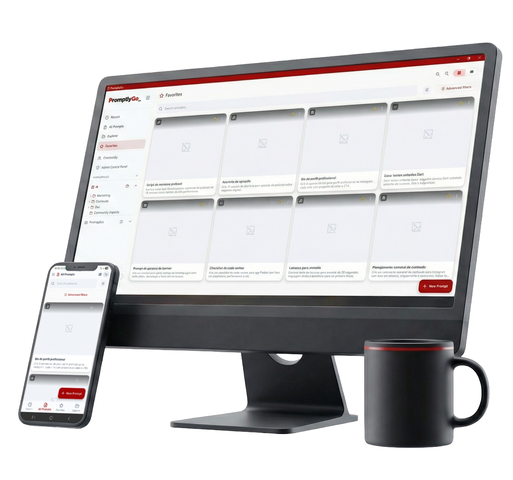 Preview do painel do PromptlyGo com biblioteca de prompts
